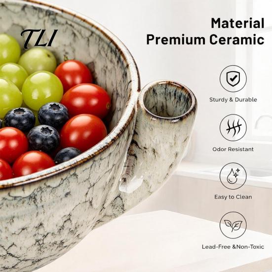 Drainage Bowl for Strawberries Ceramic Berry Swirl Bowl, Auto Fruit Washing Vegetable Wash Colander with Drain Holes, Kitchen Produce Cleaner Tomatoes