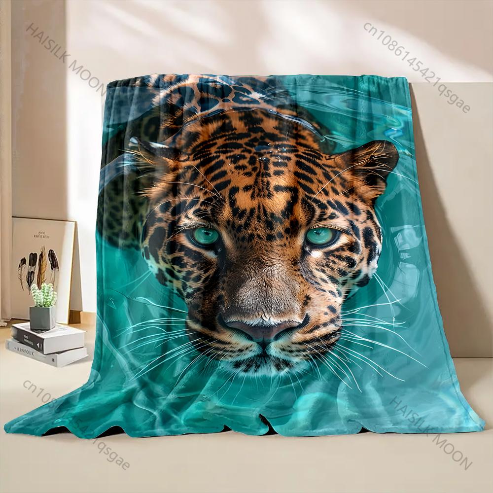 1PC Leopard staring in water Print Blanket Warm Soft Fluffy Kids and Adult Sofa Bed Throw Blanket for Home Travel Camping RV