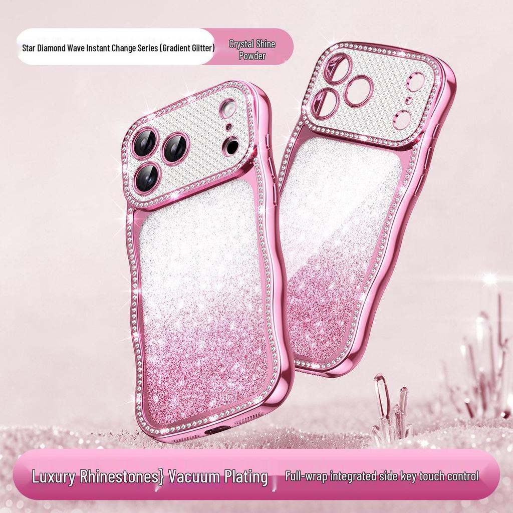 Чехол-градиент с блестками 'Волна' Apple 17 Pro Max для iPhone 16: Защитная крышка со стразами, Премиальное ощущение, Совместимо с iPhone 15.