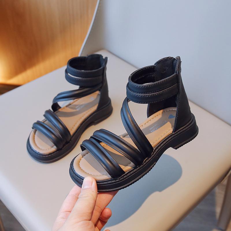 Children Fashion Girls Sandals Open Toes Solid Color Back Zipper Elegant Simple 2024 New Beach Shoes Kids Versatile Non-slip PU