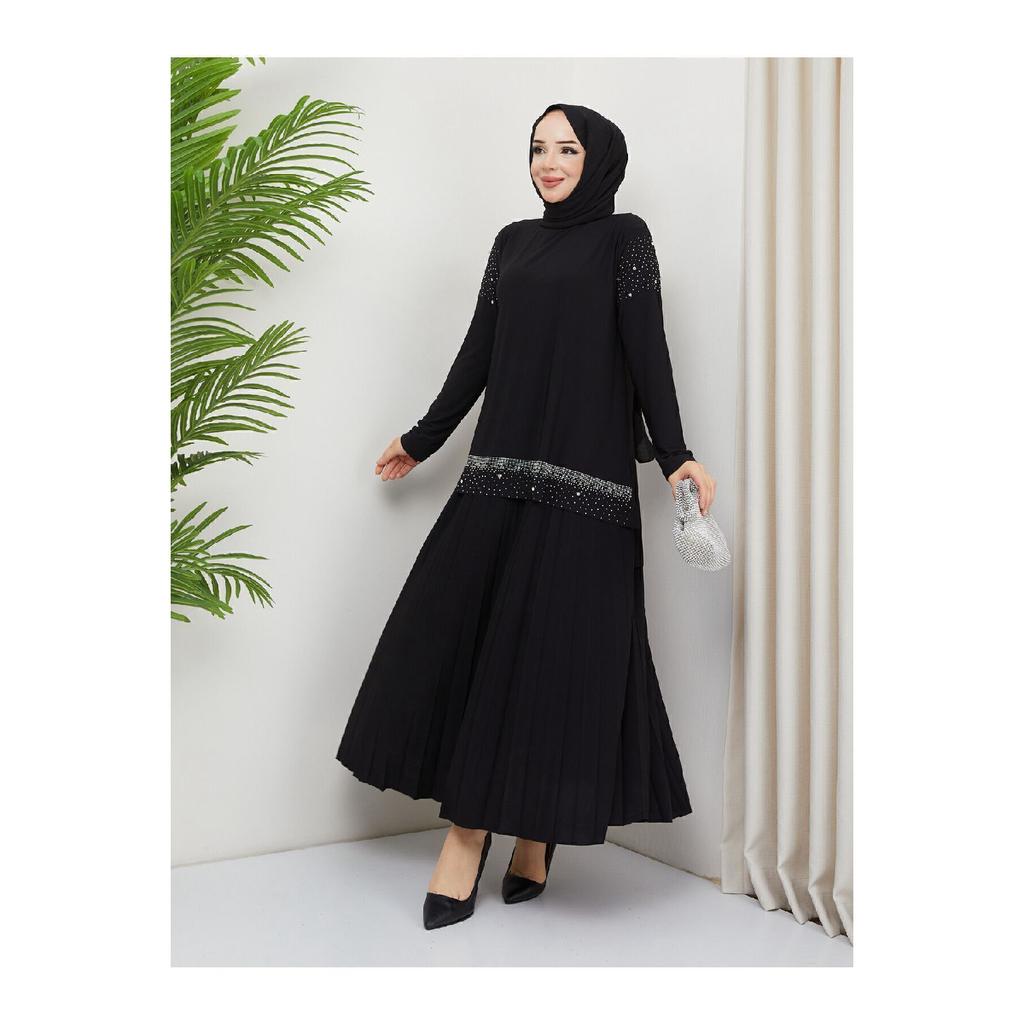 Женская черная песчаная передняя часть и рукава, блузка с вышивкой Dms, юбка, плиссированная двойная юбка в хиджабе, комплект