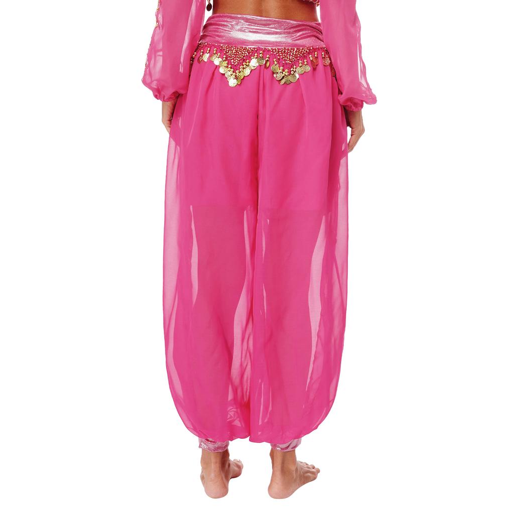 Womens Belly Dance Costume Chiffon Bloomers Plastic Beads Tassels Metallic Ruched Waistband Side Split Pants