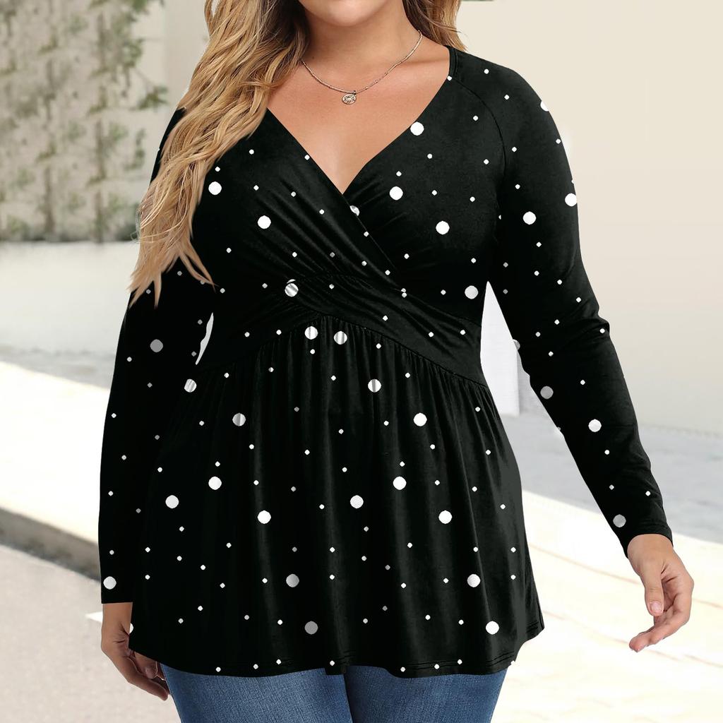 Женская рубашка большого размера с длинным рукавом, принт, плиссированный повседневный топ с V-образным вырезом
