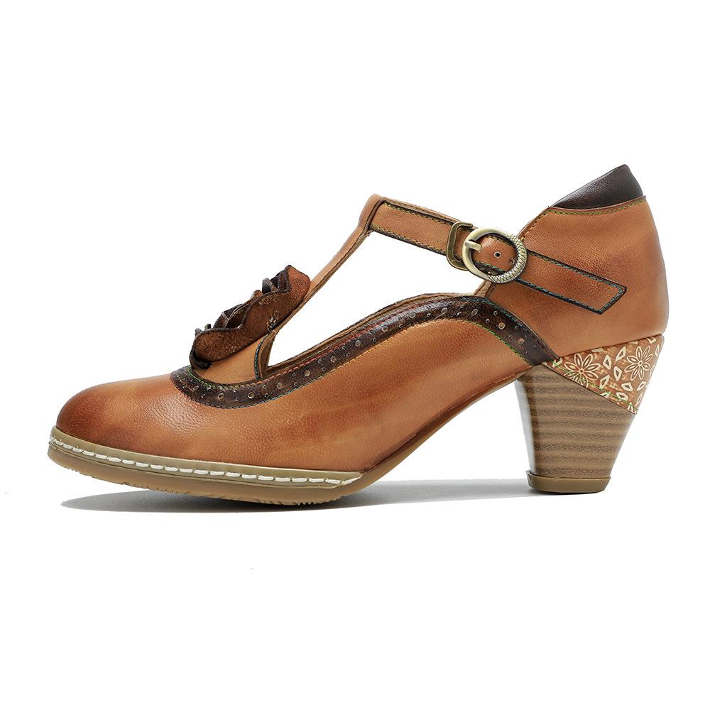 Johnature Туфли-лодочки в стиле ретро. Женская обувь. Натуральная кожа. Винтажные туфли Мэри Джейн с ручной росписью и цветами. Туфли на высоком каблуке.