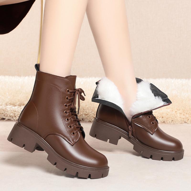 Модные женские зимние ботинки из натуральной кожи 2025 Новые Теплые женские сноубутсы из натуральной шерсти Большой размер Британский стиль Женские ботинки