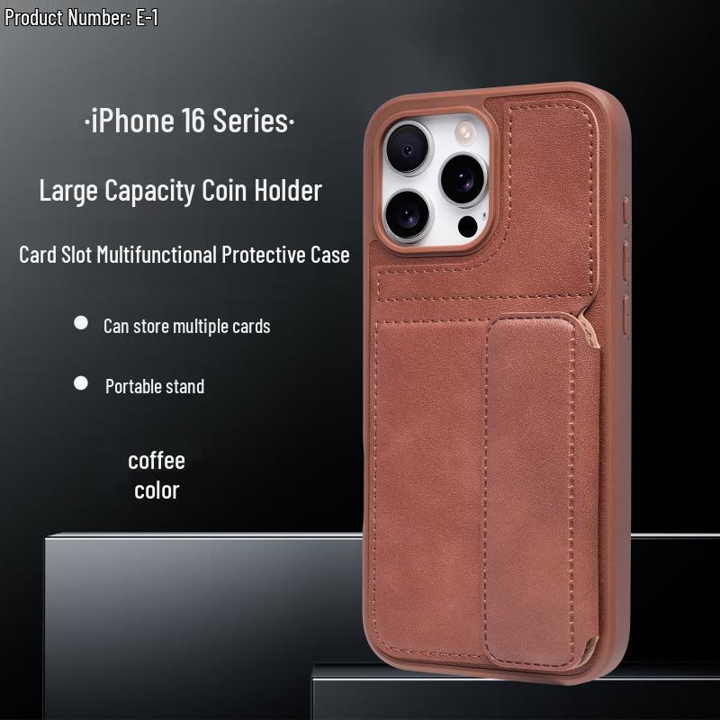 Ультратонкий кожаный чехол для iPhone 17 Pro Max с держателем для карт и подставкой