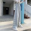 Винтажные клетчатые женские брюки с высокой талией, широкие прямые брюки, свободные повседневные женские брюки, широкие брюки, модная уличная одежда