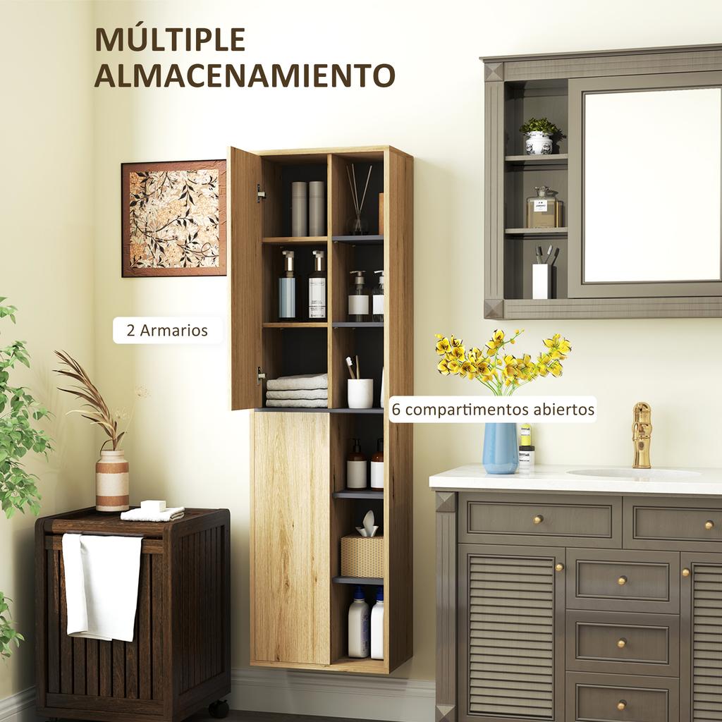 Wall Mounted Bathroom Column Cabinet With Open Compartments And 2 Doors 40x24x141.5 Cm Natural