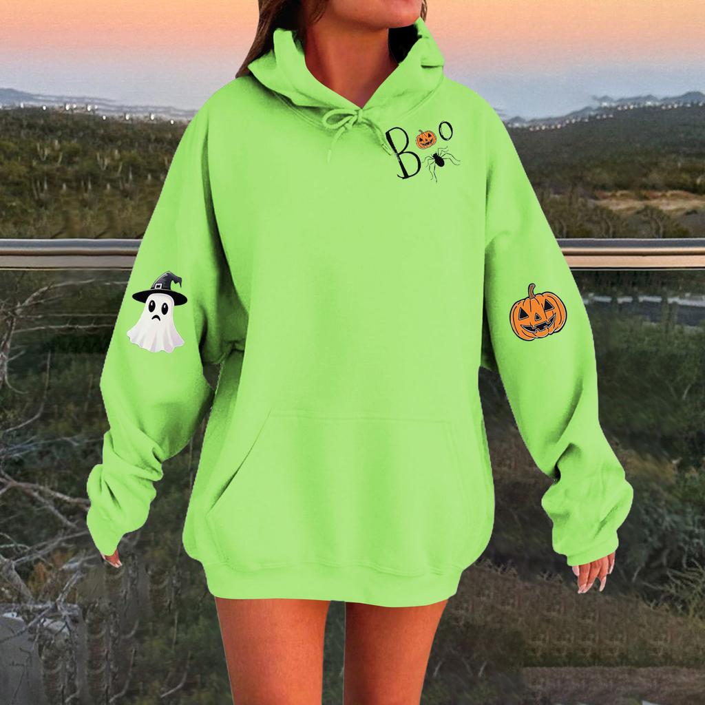 Женский однотонный пуловер с длинным рукавом, капюшоном и повседневным принтом на Хэллоуин