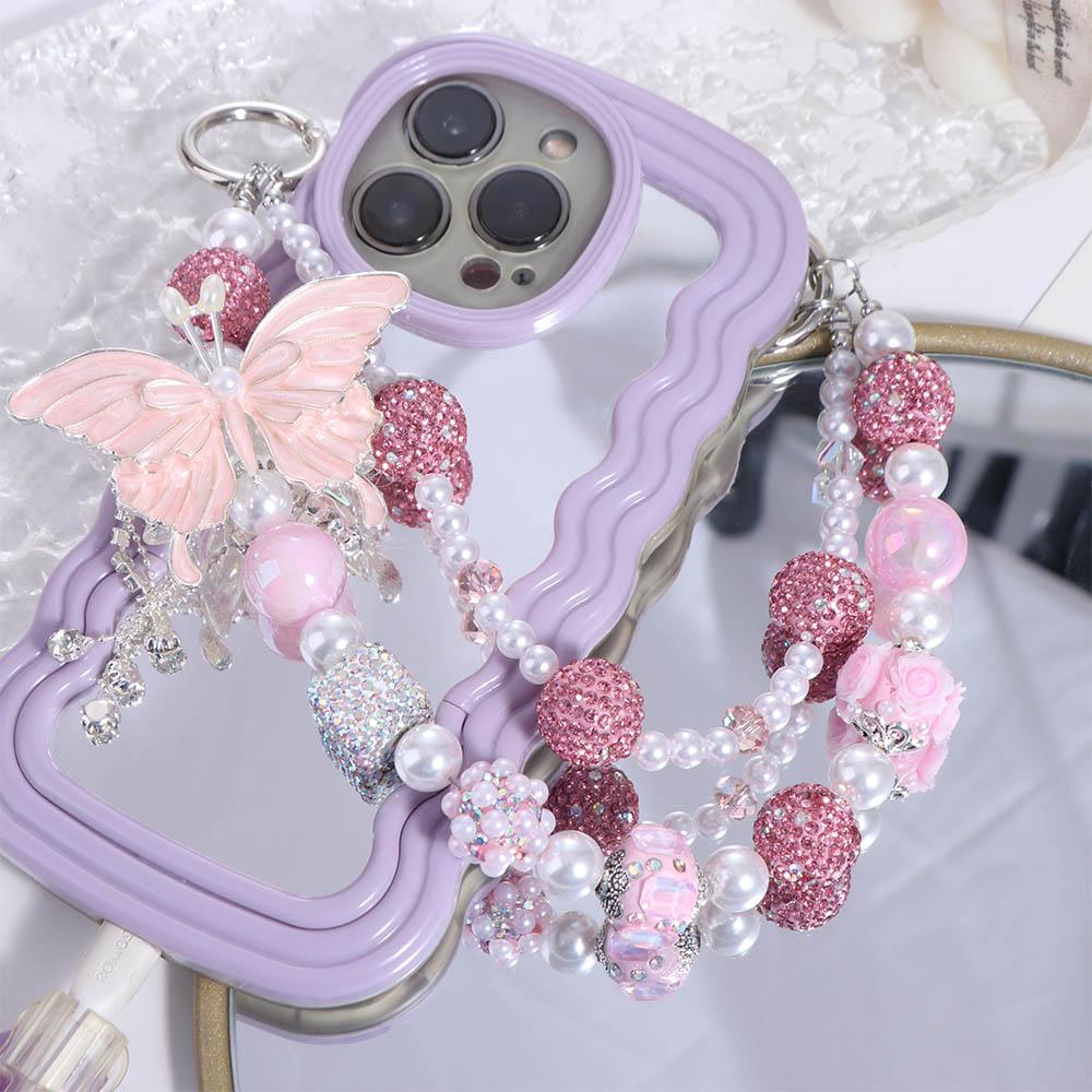 Glitter Butterfly Key Chain Double Layer Beads Bag Pendant Rhinestone Phone Chain  Backpack Pendant