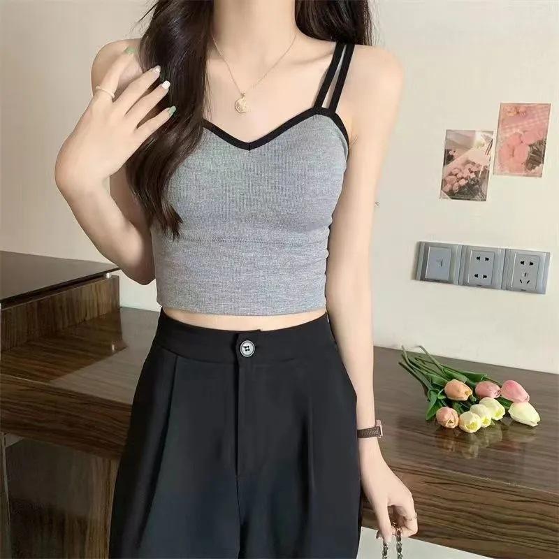 Черный жилет на бретельках, женская верхняя одежда с внутренней накладкой на грудь, красивое нижнее белье для спины, бюстгальтер, встроенный топ-труба, подкладка сверху