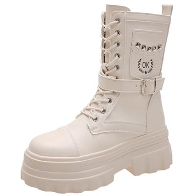 Мода 2024 года, новые панк-сапоги для мотоциклистов, женские лакированные кожаные ботинки на танкетке и платформе, до середины голени, женские ботинки на шнуровке и толстом каблуке в готическом стиле