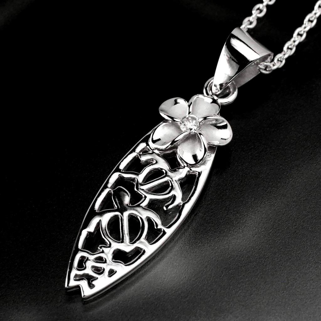 Гавайские украшения Черепаха Honu Plumeria Серфборд Кулон Ожерелье Серебро 925 [Leilani] (Морская черепаха) (с цепью)