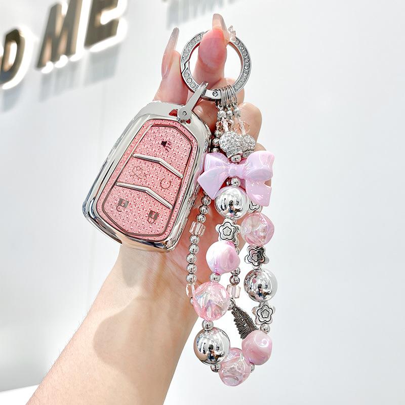 Car For Cadillac ATS CT6 CTS DTS XT5 Escalade ESV SRX STS XTS 28T ELR 4 5 Button Key Case Cover Fob Keychain Crystal Pink TPU