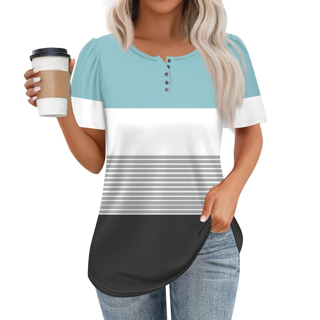 Женский модный повседневный короткий рукав пуловер с принтом на пуговицах и круглым вырезом