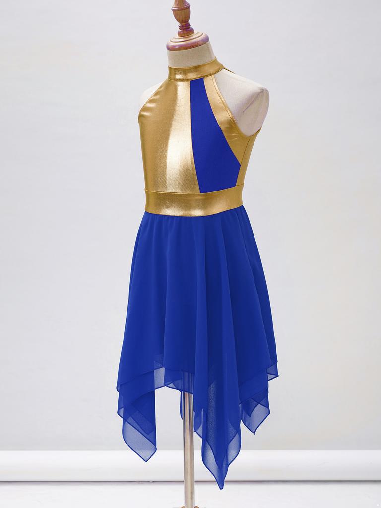 Girls Sleeveless Praise Dance Dress Round Collar Patchwork Design Contrast Color Church Performance Costume