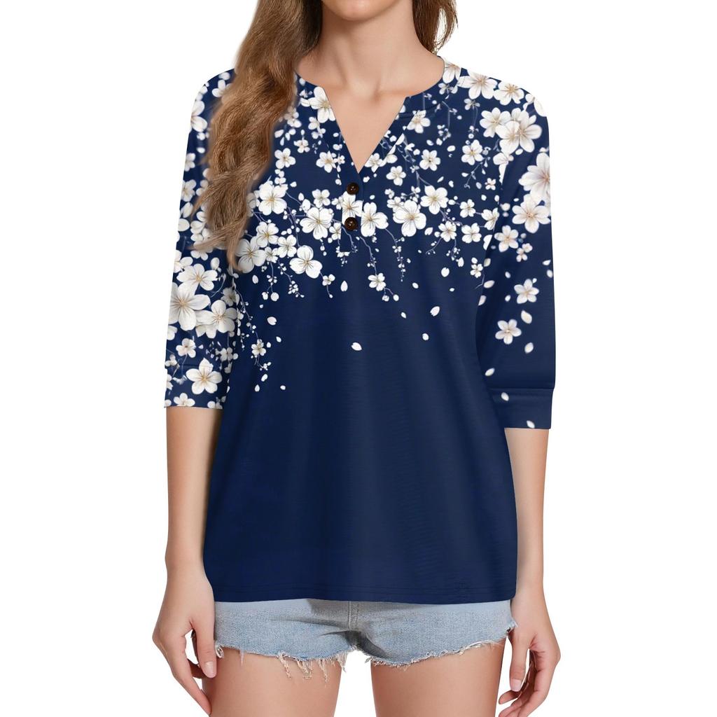 Жен. Футболка С принтом Пуговицы Рукав 3/4 Повседневные Выходные Мода Классический Классический V-образный вырез Обычный Верх