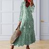 Women Dress Tassel Decor Printed Ruffle A-line Loose Hem Mid Waist Long Sleeve V Neck Soft Ankle Length Bohemian Style Beach Maxi Dress