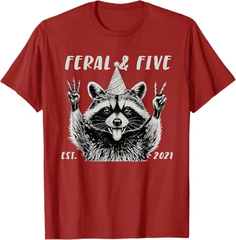 Funny Feral and Five Raccoon 5th Birthday Girls Boys TShirt Y2k 5 Years Old Cute Raccoon Graphic Saying Tee Sons Novelty Gift