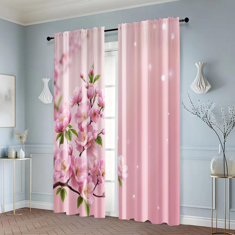 2pcs, Curtain Popular Bright pink cherry blossoms and green leaves Fabric (without rod) Decorations Clearance Ldeal for Season
