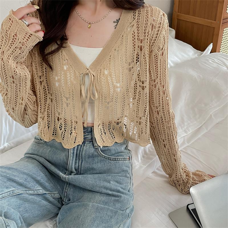 Summer Women's Knitted Shawl Sweaters Lady Hollow Out Tie Up Air-conditioned Shirt Mesh Thin See Through Look Long Sleeve Loose Tops Sunscreen Shirt