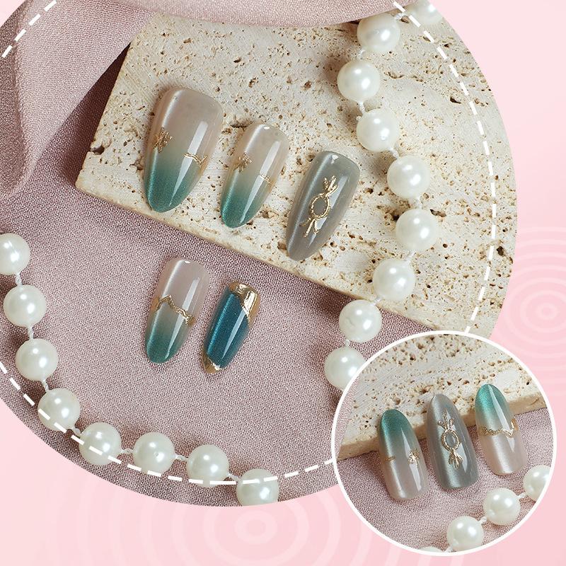 Handcrafted Bright Emerald Gemstone Press-On Nails, High-Quality Japanese-Style Nail Stickers Vintage Jade Celadon
