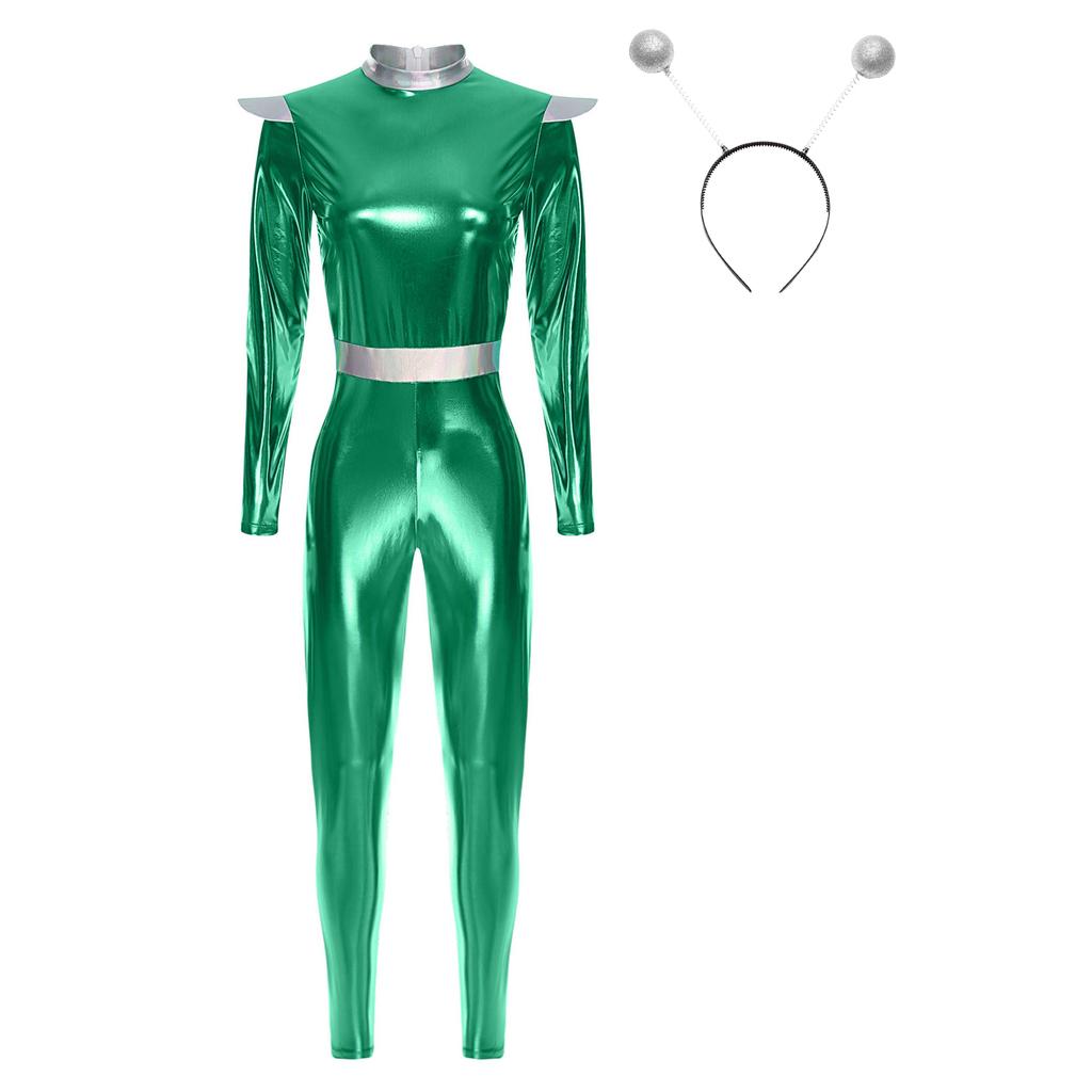 Womens Alien Robot Astronaut Cosplay Costume Metallic Shiny Full Body Unitard Long Sleeve Jumpsuit
