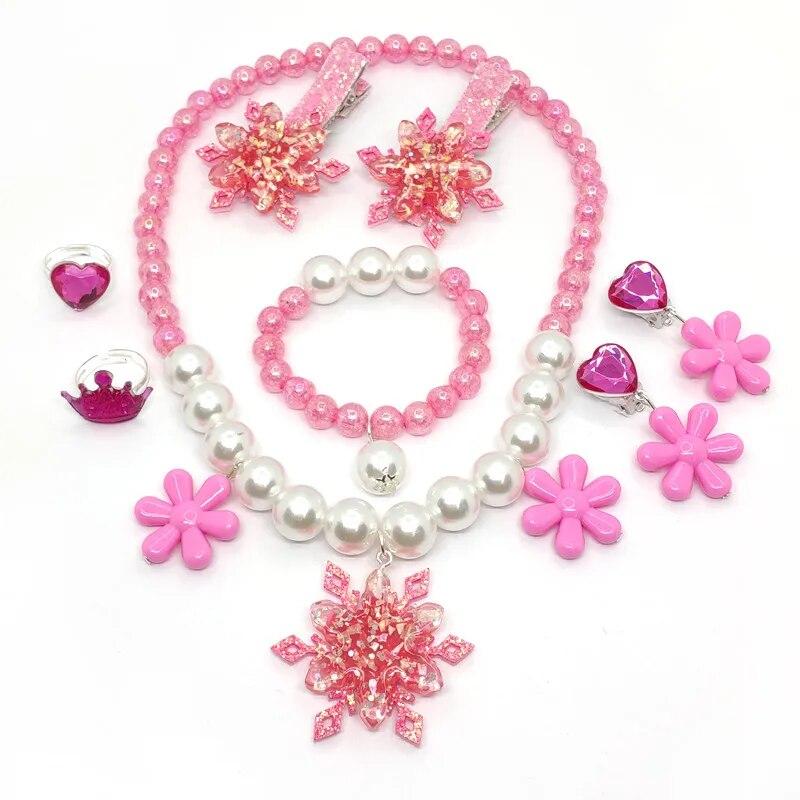 Комплект ожерелья с подвеской в ​​виде снежинки для маленьких девочек, детские регулируемые милые серьги, кольца, ювелирные изделия