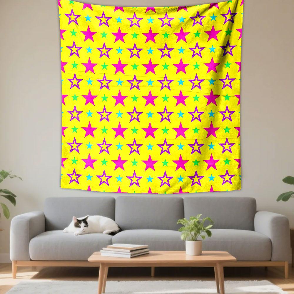 Vibrant Star Pattern on Yellow Background Patterned Tapestry Decorative Wall Hanging, Home Bedroom Living Room Decor