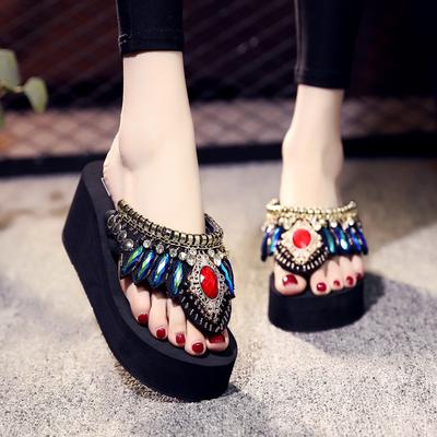 6 см высокие каблуки тапочки женские летние модные шлепанцы на платформе танкетке нескользящие шлепанцы