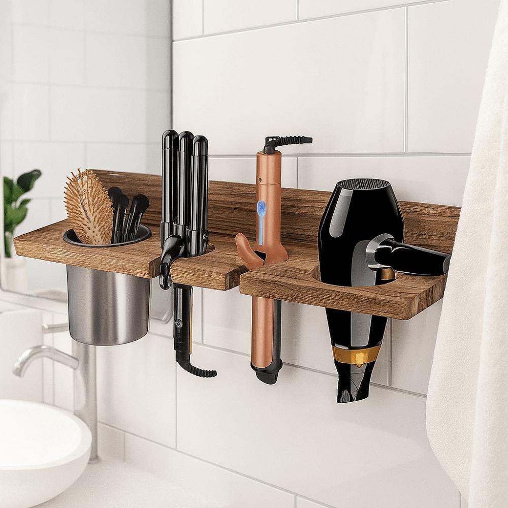 Компактный держатель для фена Деревянный держатель для выпрямителя Винтажная полка для плойки для дома