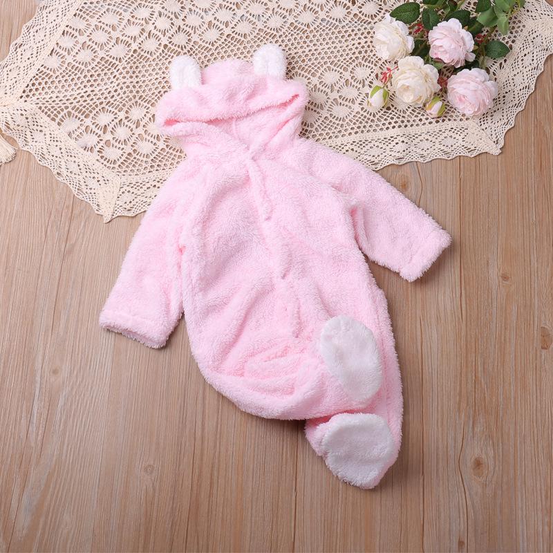 Baby Coral Fleece Hooded Long-Sleeve Warm Jumpsuit for Autumn/Winter