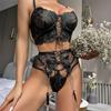 GZW Прозрачный сетчатый комплект нижнего белья с цветочной вышивкой, женский кружевной дышащий бюстгальтер на косточках с большим бантом и трусики с подвязками, эротическое нижнее белье