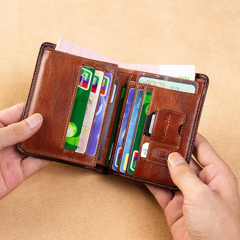 Genuine Leather Ultra-Thin Men's Multi-Function Short Wallet with Driver's License Holder and Anti-Theft Design.