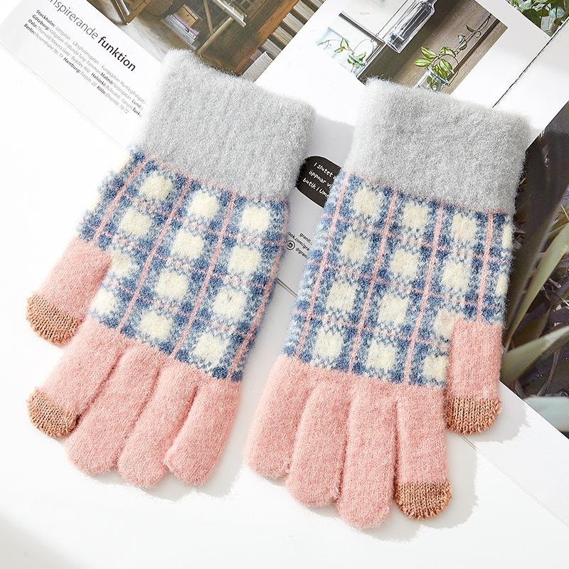 Winter New Full-finger Women's Warm Knitted Wool Gloves Plaid Velvet Finger Cycling Cold Protection