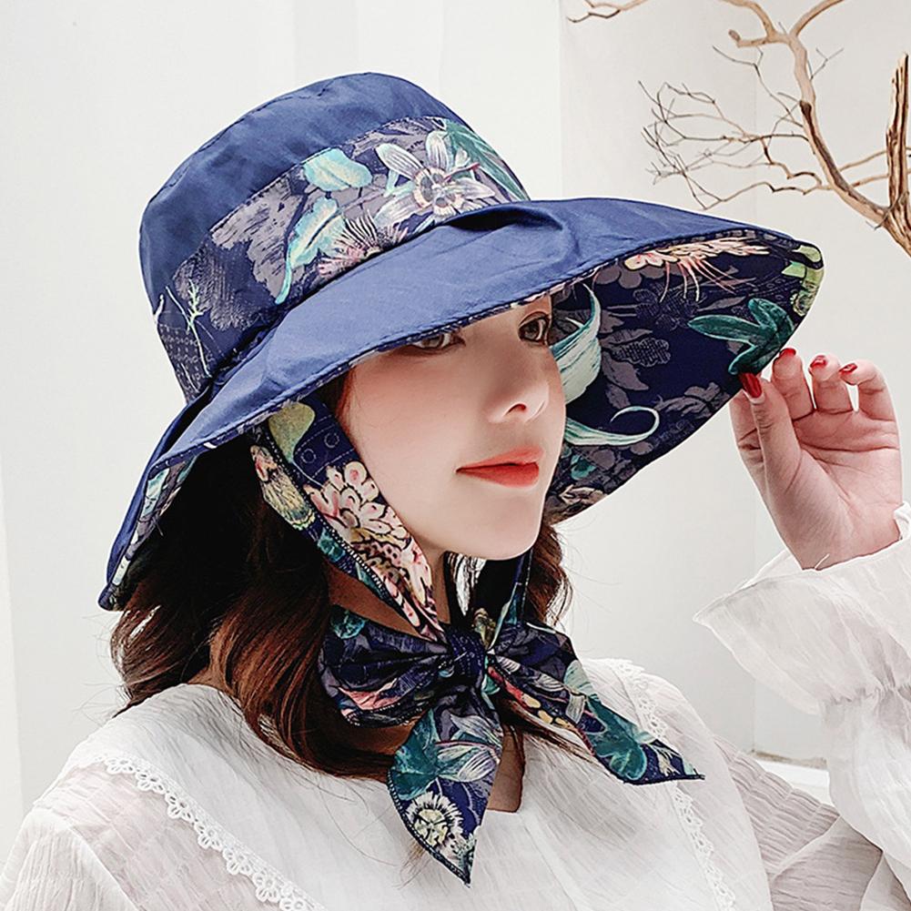 Female Summer Sun Hat Wide Brim Printing Bowknot Ribbon Foldable Soft Cap