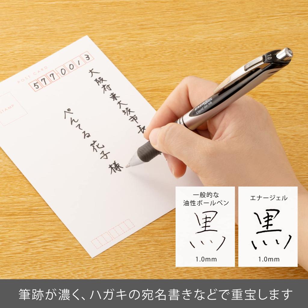 Pentel Gel Ink Energel Knock Ballpoint Silver 10 Pens Pen, 1.0mm, Barrel, BL80-A, Black,