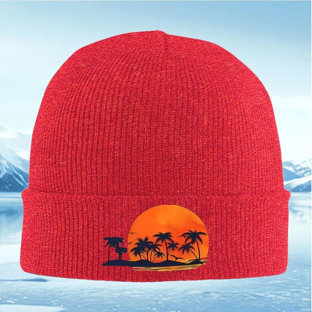 Palm trees sun birds ocean sunset Unisex Women Unisex Knitted Hat Beanie Pullover Cap Winter Thermal Warm Christmas Outdoor Cycling