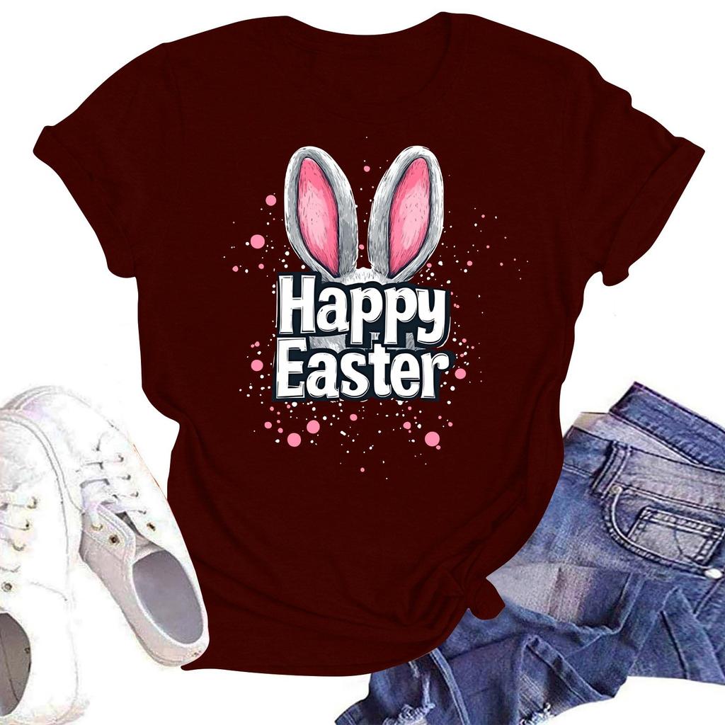 Happy Easter Women's Fashion Printed Round Neck Short Sleeve T-Shirt Pullover Top