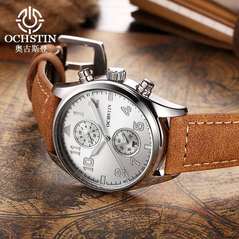 Multifunctional Chronograph Men Watch Luminous Hands Calendar Display Leather Strap Analog Quartz Wrist Watches