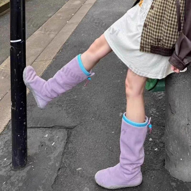 Women Design Purple Pleated Long Boots Women Autumn Winter New Non-slip Warm Snow Boot Slip On Thick Heels Knee Knight Botas