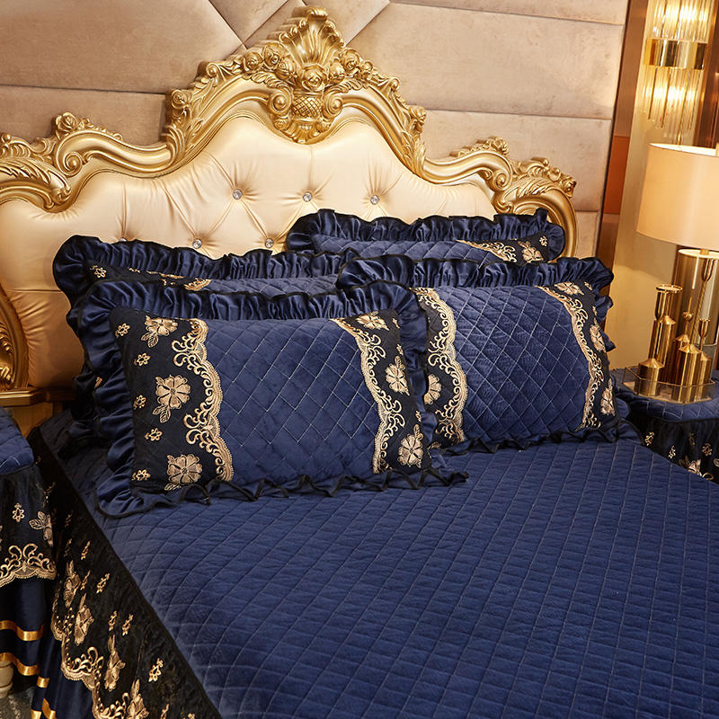 Luxury Velvet Quilted Bedspread Queen King Size Thick Plush Lace Embroidery Short Bed Skirt No Pillowcase