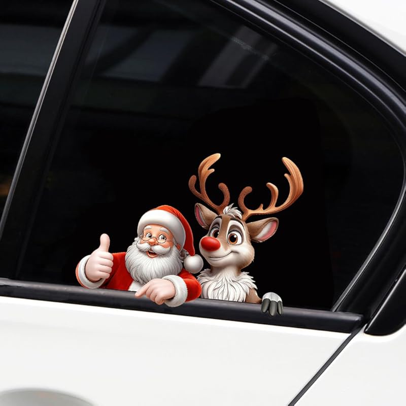 Merry Christmas Winter Decals,Santa Claus Reindeer Elf Car Window Stickers,Christmas Xmas Holiday Art Clings Decorations Accessories (Cartoon)