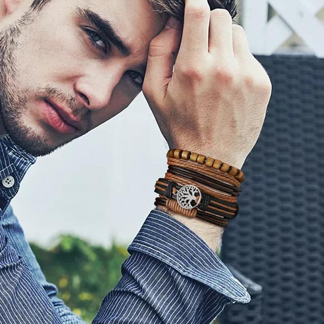 Vnox мужской кожаный браслет, браслет-подвеска в виде компаса с изображением листьев дерева жизни для мальчиков, черный винтажный панк-праздничный браслет из искусственной кожи в подарок