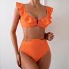 2025 European & American V-Neck Flounce Lace-up High-Waisted Bikini Swimsuit for Women