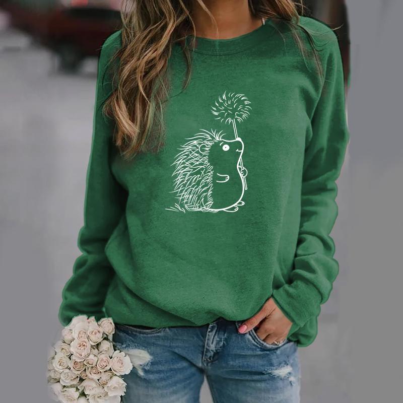 Милый принтованный свитер с рисунком ежа, женская мода, длинный рукав, уютный круглый вырез, пуловер, свитшот, топ