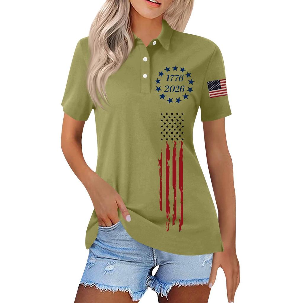 Women’s Short Sleeve Polo Shirt with Printed Flag Design Button Front Collar Casual Fit Top for Everyday Wear