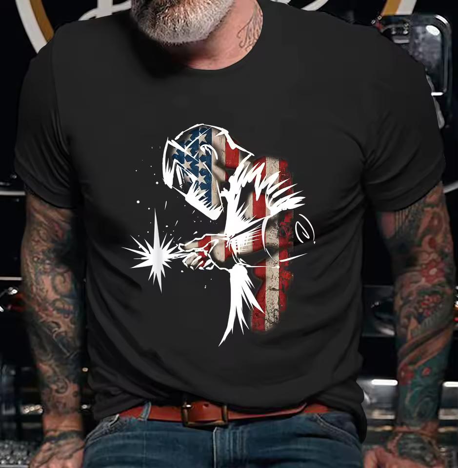 American Flag Welder T-Shirt – Patriotic USA Weld Worker Graphic Vintage Distressed American Pride Tee – Heavy Duty Unisex Shirt