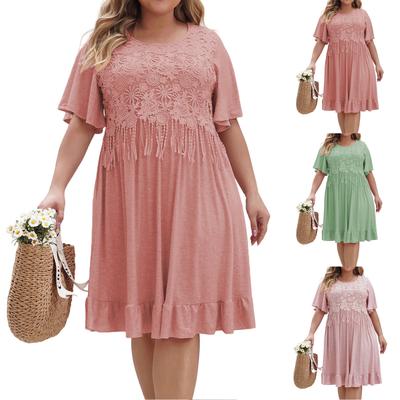Женские платья большого размера с коротким рукавом и кисточками, однотонные, с круглым вырезом
