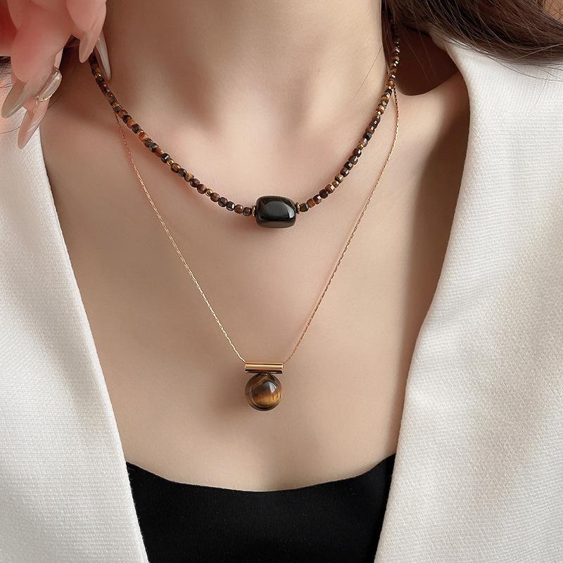Ожерелье из круглого камня тигровый глаз в стиле ретро с цветком, высококачественная цепочка для свитера, легкая роскошь, нишевые аксессуары для толстовок